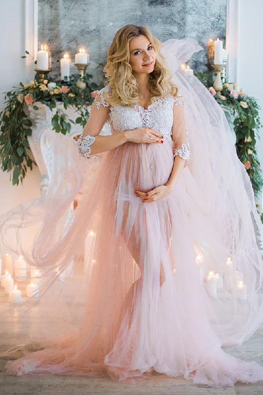 Final Clearance Romantic Pink Long Pregnant Bridal Dress with 3/4 Sleeves