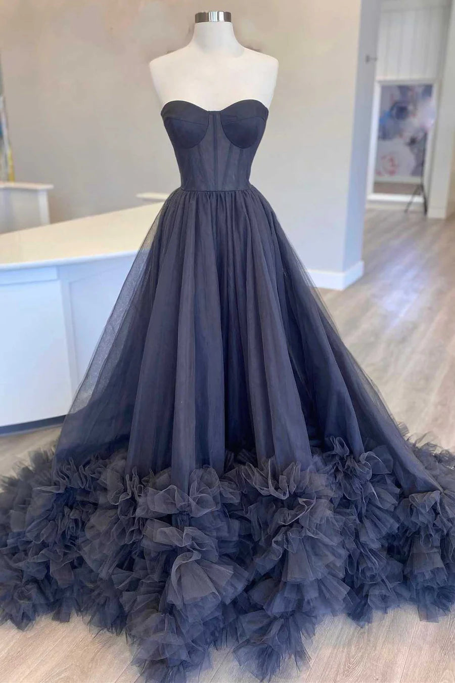 Big Savings Black Strapless Layered A-Line Long Prom Dress