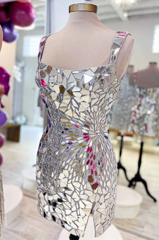 Today’s Deal Square Neck Silver Cut Mirror Sequin Bodycon Homecoming Dress