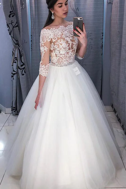Extra Discounts Long 3/4 Sleeves A-line Off Shoulder White Bridal Dress with Lace