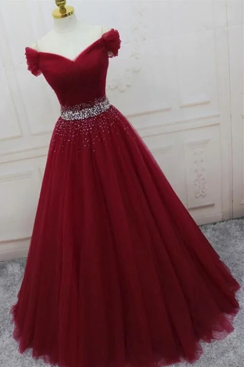 Quick Sale Elegant Off the Shoulder A-Line Sequins Burgundy Long Prom Dress