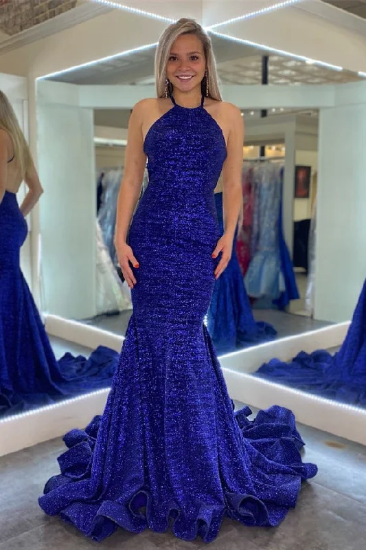 Savings Alert Halter Royal Blue Mermaid Long Formal Dress