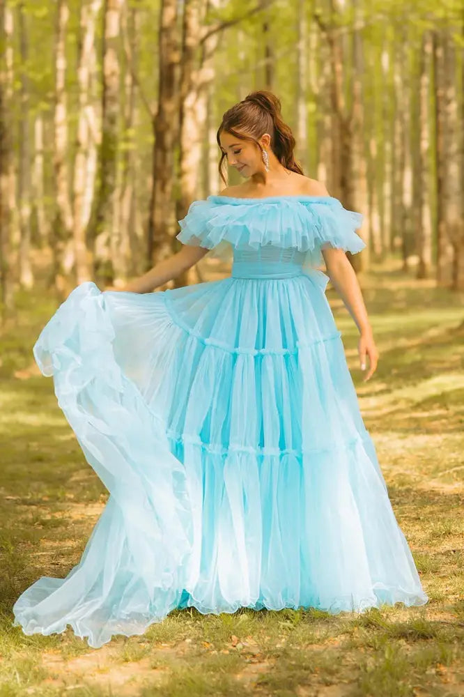 Daily Specials Blue Tiered Tulle A-Line Prom Dress with Off Shoulder