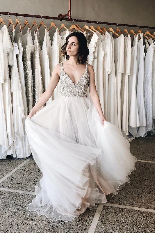 Super Sale Long Straps A-line V-Neck White Wedding Dress with Beads