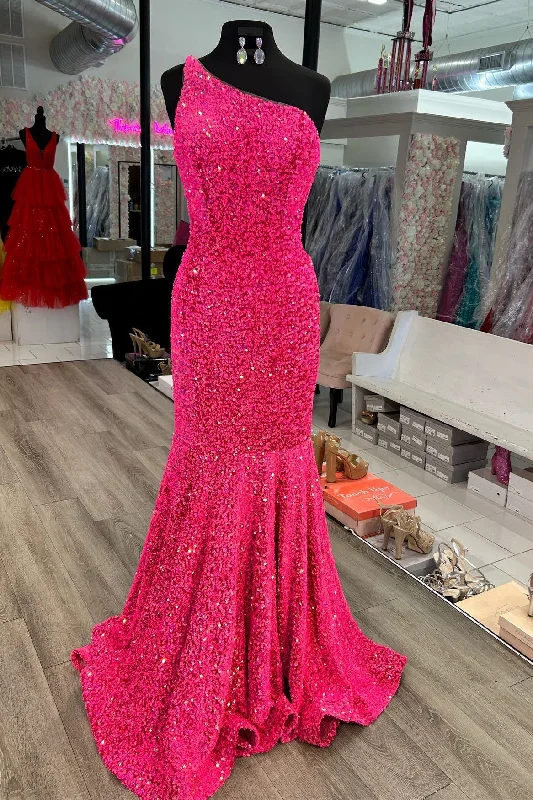 Lowest Price Hot Pink Mermaid One Shoulder Sequins Prom Dress with Rhinestones