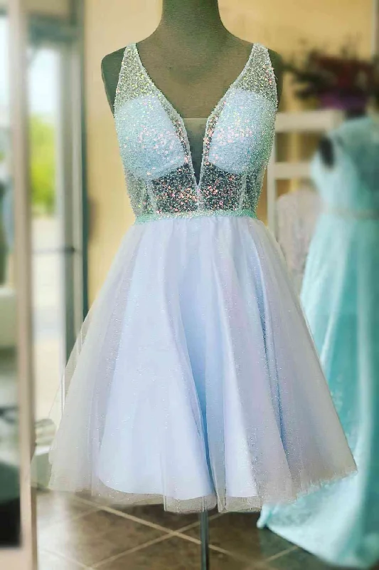 Friends and Family Sale Light Blue A-Line Short Party Dress with Sequined Top
