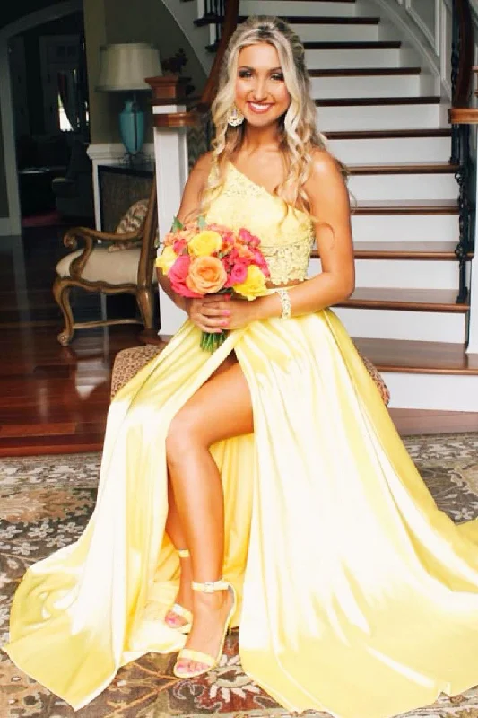 Super Bargain One Shoulder Yellow Two Piece Prom Dress with Slit