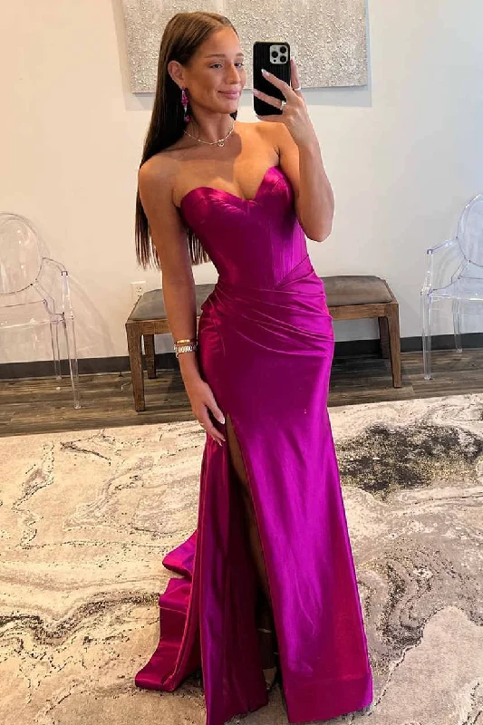 Deal Dash Sweetheart Fuchsia Pleated Mermaid Long Prom Dress