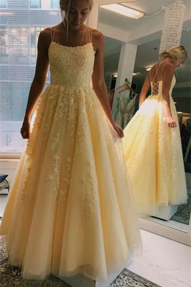 Special Discount Spaghtti Straps Lace Appliques Yellow Long Prom Dress with Lace-Up Back