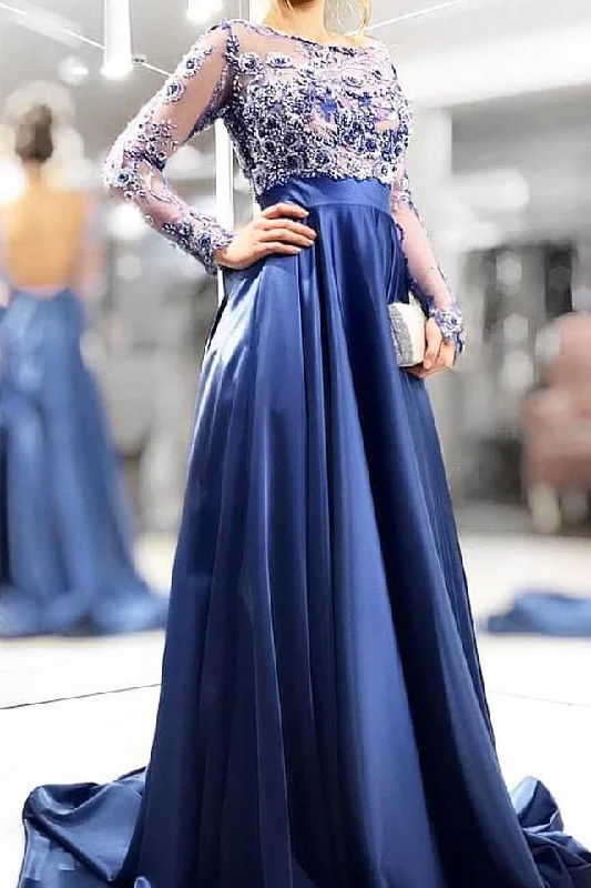 New Deals Long Sleeves Appliques Navy Blue Long Prom Dress with Open Back