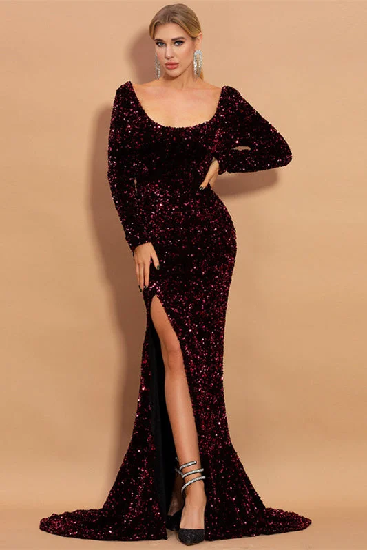 Online Specials Glitter Mermaid Burgundy Sequins Long Evening Dress
