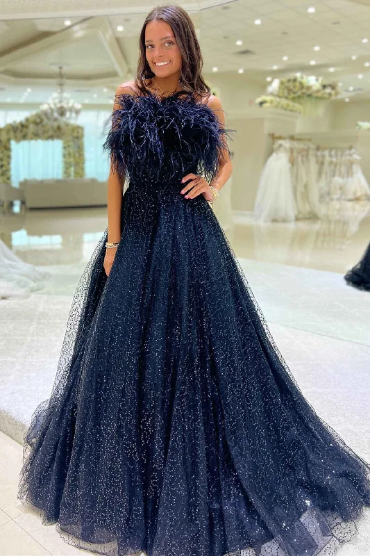 Flash Deals Strapless Navy Blue Feathers A-Line Prom Gown