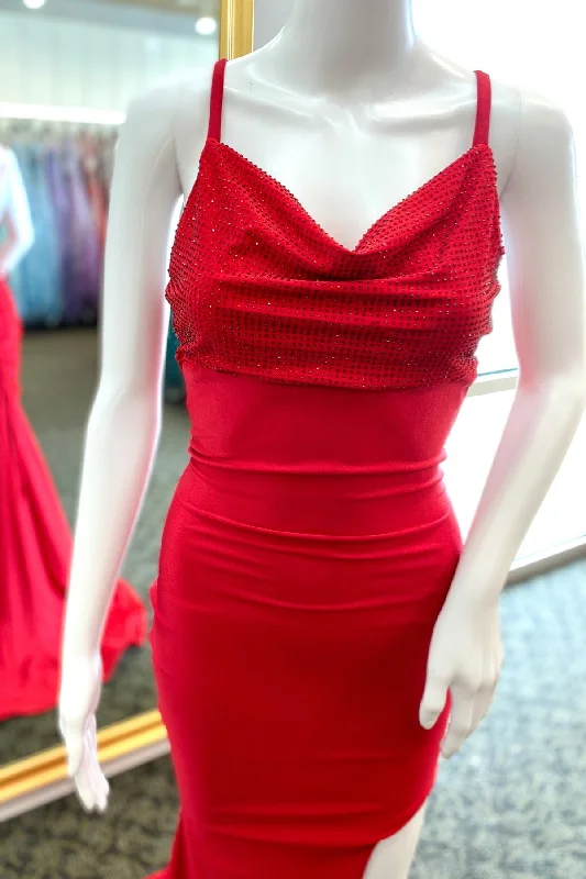 While Supplies Last Red Satin Cowl Neck Beaded Lace-Up Mermaid Prom Dress with Slit