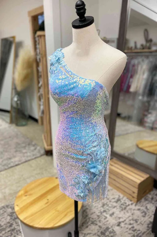 Buy Now Tassel One Shoulder Sequined Homecoming Dress with Flowers