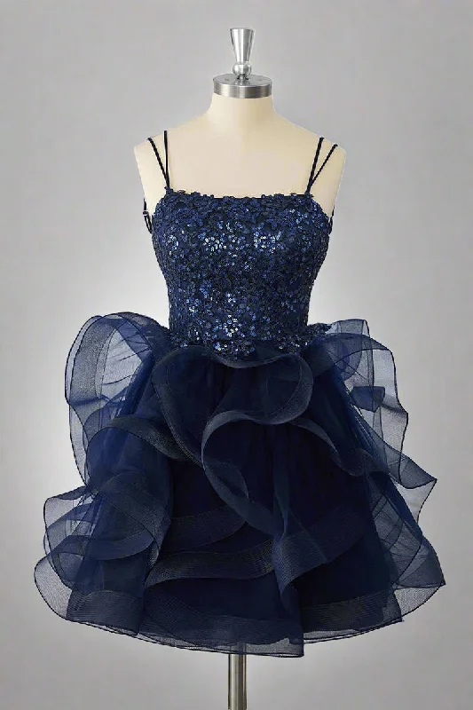 Price Reduction Double Straps Navy Sequin Ruffle Tiered Homecoming Dress