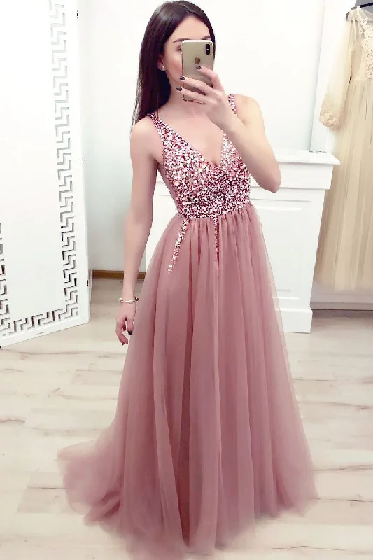Deal Frenzy Gorgeous Tulle Long Pink Prom Dress with Beading Top