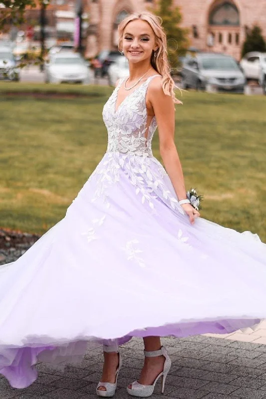 Closeout V-Neck Lavender Long Prom Dress with Lace Appliaues