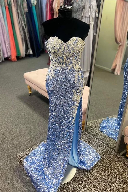 Weekend Deal Periwinkle Strapless Sequin Prom Dress with Appliques