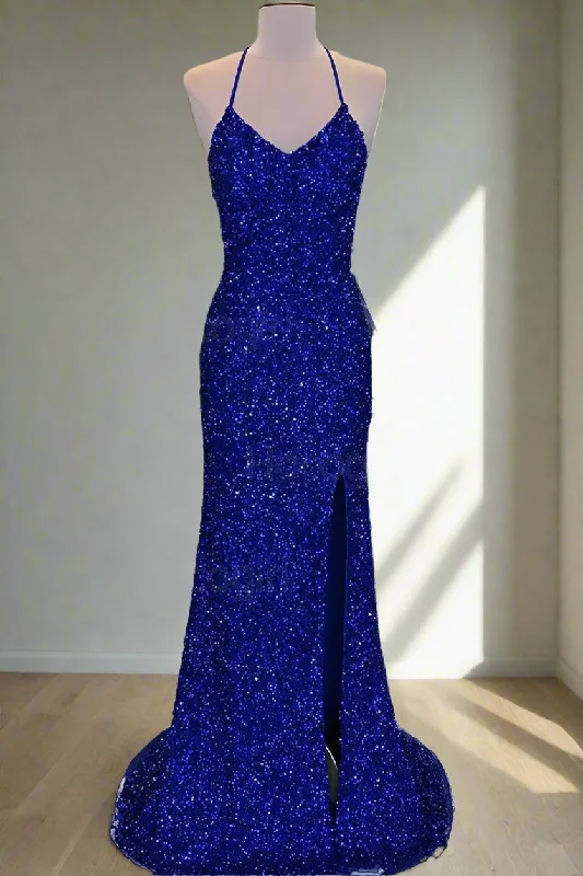 Deal Mania Lace-Up High Slit Royal Blue Glitters Long Party Dress