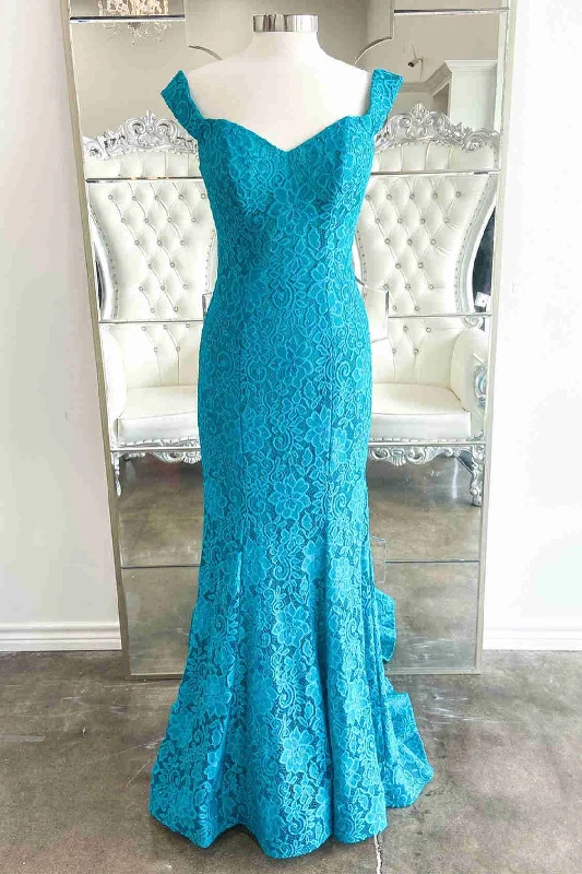 New Deals Off the Shoulder Blue Lace Mermaid Prom Dress
