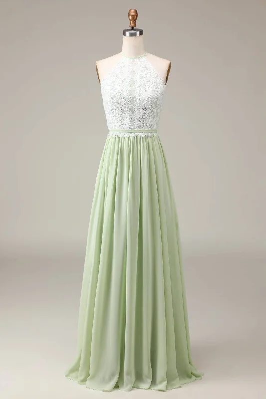 Year-End Sale Light Green Lace Top A-Line Long Bridesmaid Dress