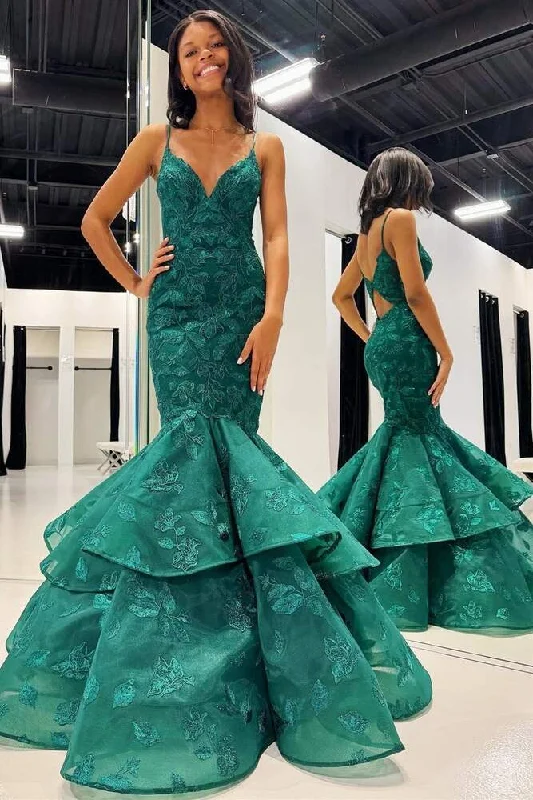 Final Markdown Hunter Green V-Neck Lace  Applique Layered Mermaid Dress