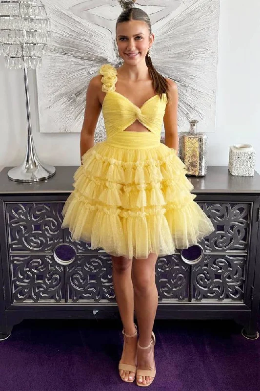 Huge Discounts Princess Yellow One Shoulder Knotted Ruffle Short Party Dress