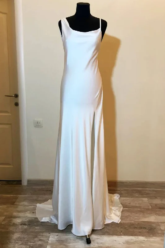 Limited Edition Asymmetrical Neck White Long Bridesmaid Dress with Slit