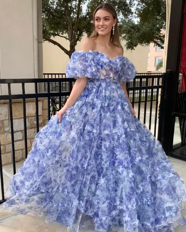 Unmissable Offer Off the Shoulder Blue Floral Print Ruffled Tulle Prom Dress