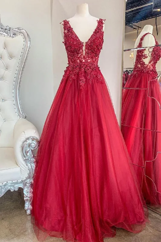 Fantastic Deals A-line Red Lace Appliques Long Prom Dress