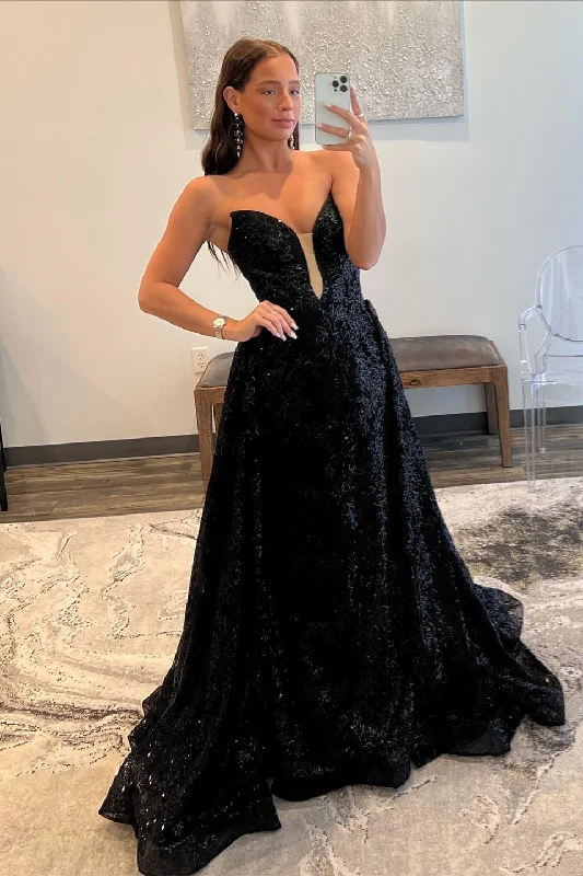 Year-End Clearance Black Plunging V Neck Sequins-Embroidered Strapless Long Prom Dress