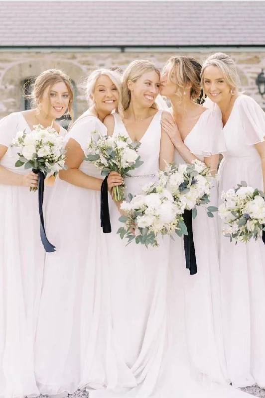 Price Cut Double V-Neck White Short Sleeves Chiffon Bridesmaid Dress