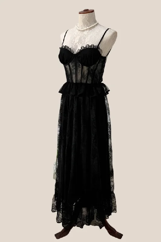 Price Rollback Straps Black Sheer Lace Corset Maxi Dress