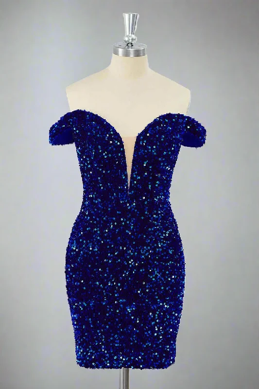 Savings Galore Fitted Royal Blue Off-the-Shoulder Sequin Mini Dress