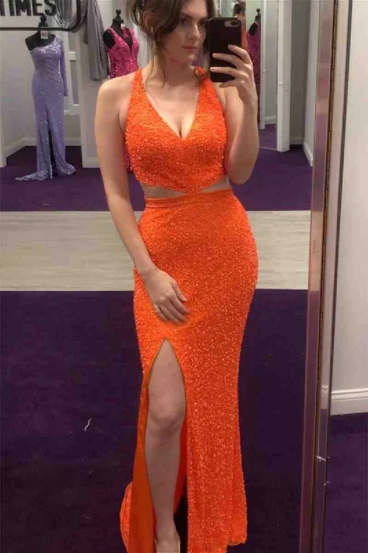 Final Markdown Cut Out V-Neck Orange Side Slit Mermaid Long Party Dress