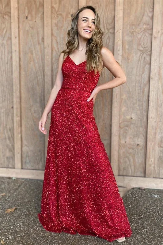 Holiday Sale V-Neck Straps Red Sequins Long Prom Dress