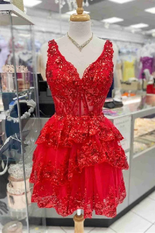 Limited Stock V-Neck Red Sequin Appliques Ruffle Short Homecoming Dress
