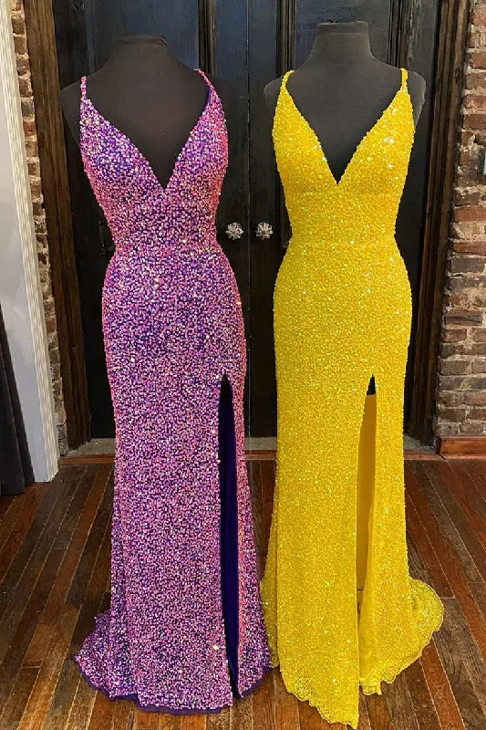 Exclusive Deal Hight Slit Yellow Sequins Halter Prom Dress