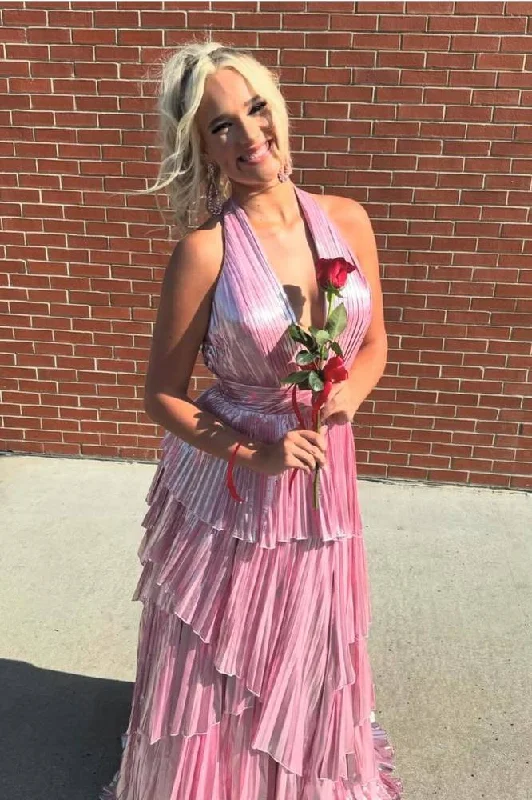 Final Clearance Halter Pink Metallic Ruffle Long Prom Dress