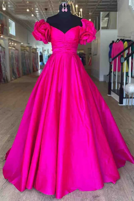 Deal Zone A-Line Ruffle Shoulder Fuchsia Satin Long Formal Dress