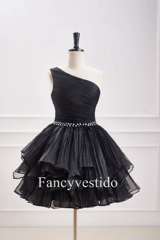 Midnight Madness A-Line Black One Shoulder Pleated Ruffle Homecoming Dress with Rhinestones