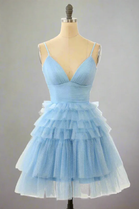 Limited Time Straps Light Blue V-Neck Ruffle Homecoming Dress