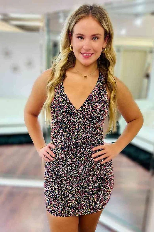 Reduced Prices Glitter V-Neck Sequined Mini Homecoming Dress