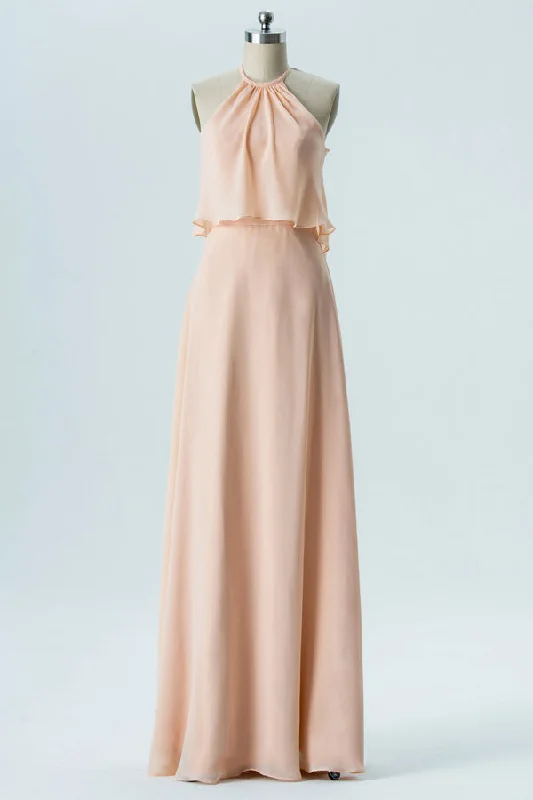 Savings Bonanza Boho Chiffon Peach Halter Long Birdesmaid Dress