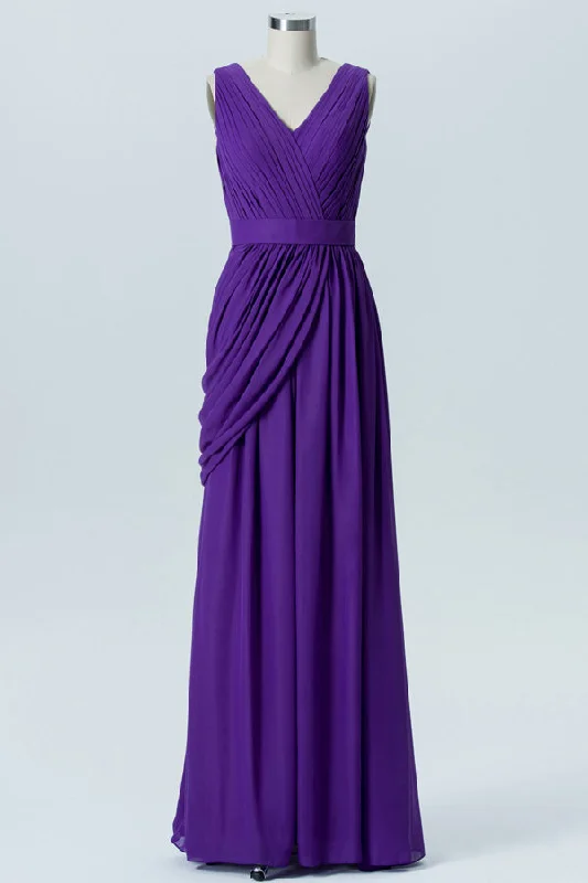 Exclusive Access Asymmetrical Purple Pleated Long Bridesmaid Dress with Belt