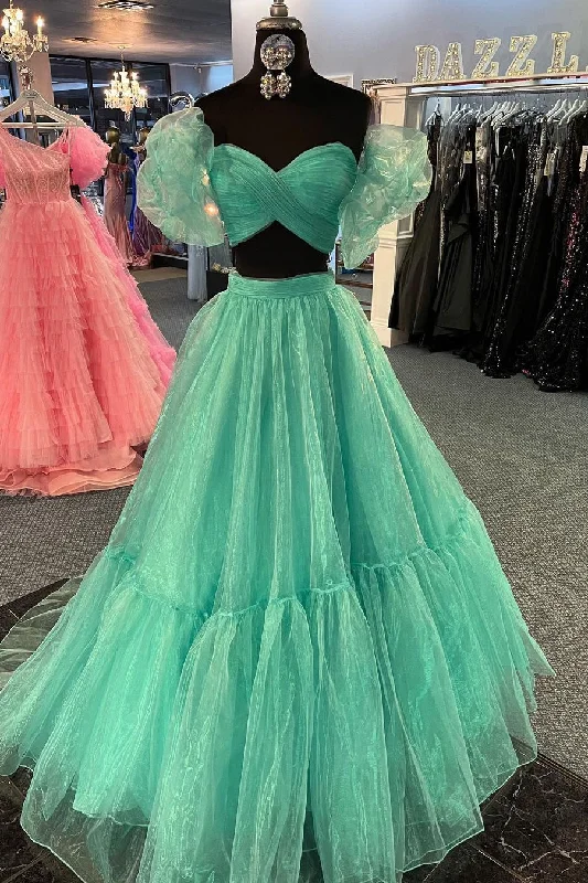 Midnight Madness Green Two-Piece Puff Sleeves Pleated Organza Long Prom Dress