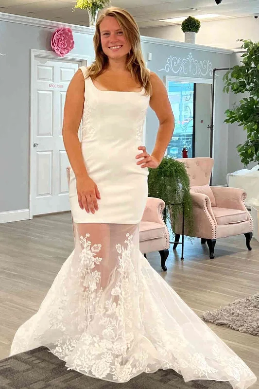 Best Bargains Mermaid Square Neck White Lace Tulle Bridal Dress