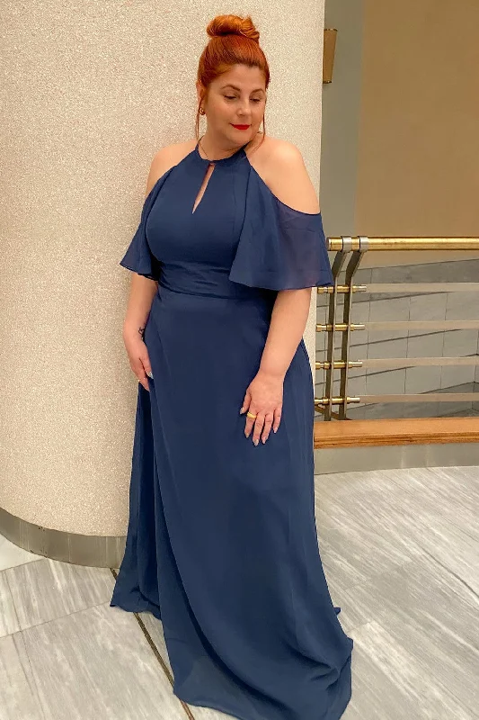 Huge Savings Off the Shoulder Navy Blue Keyhole Chiffon Bridesmaid Dress