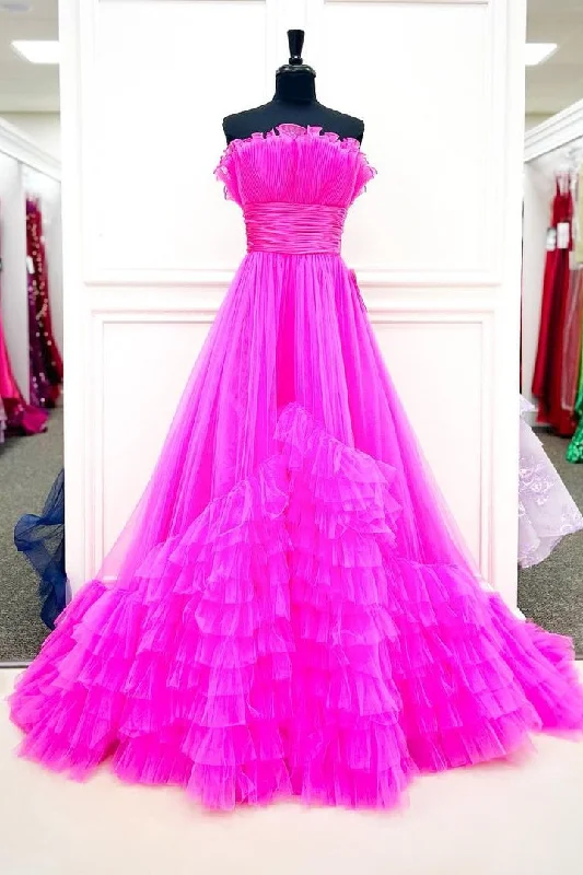 Closeout Princess Fuchsia A-line Strapless Tulle Multi-Layers Long Prom Dress
