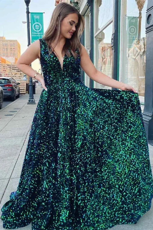 Price Cut Sparkel Dark Green Sequins Long Prom Dress with Pockets